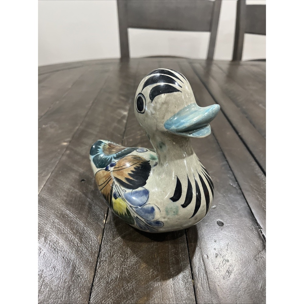 Vtg Ceramic Tonala Mexico Pottery Duck‎ Hand Painted Floral Design 6"